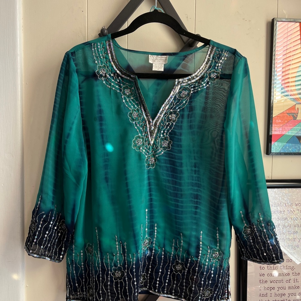 Embroidered Vintage Teal Women's Top